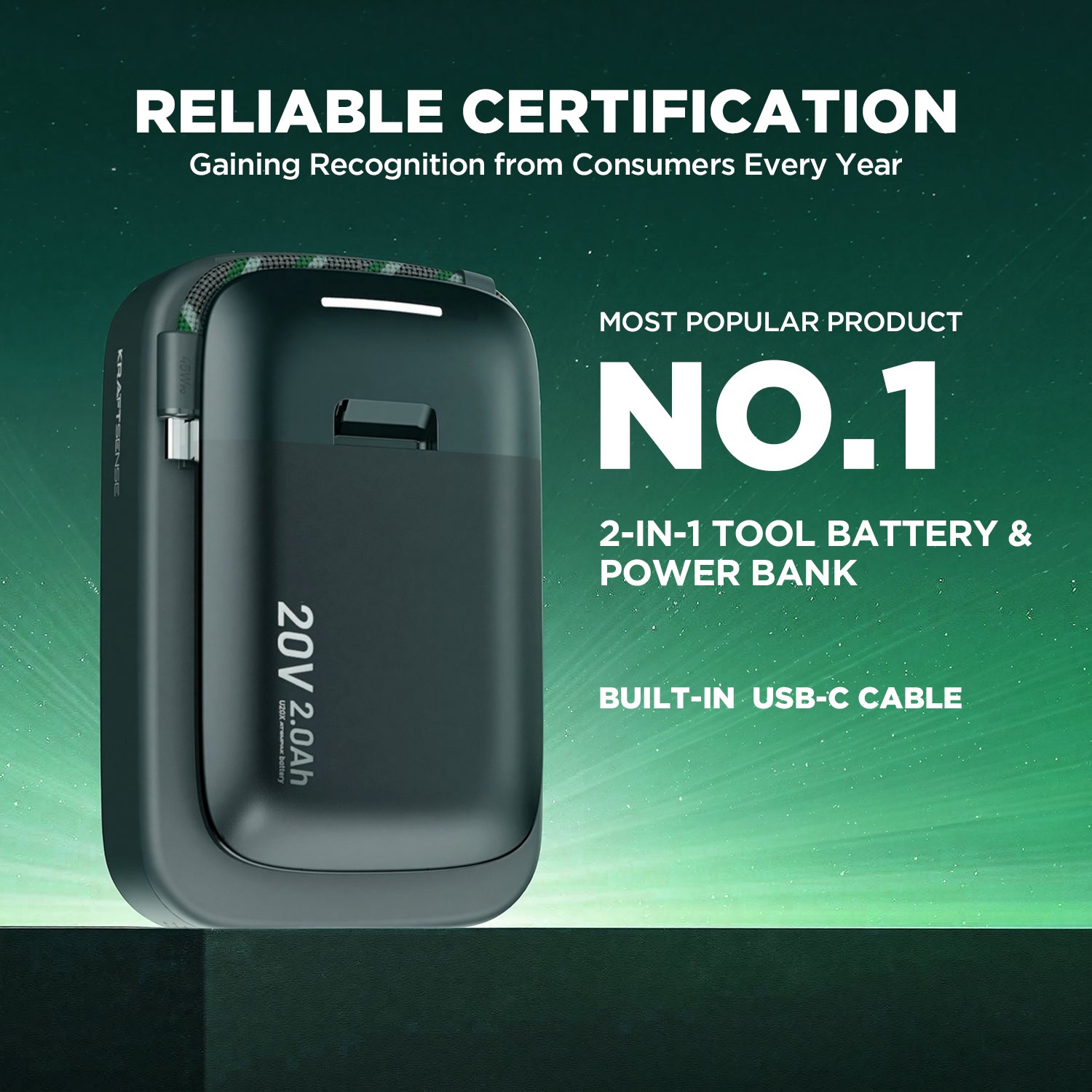 $9.99 Limited Time Offer|Kraftsense U20X Slim 20V 2-in-1 Tool Battery & Power Bank 2.0Ah