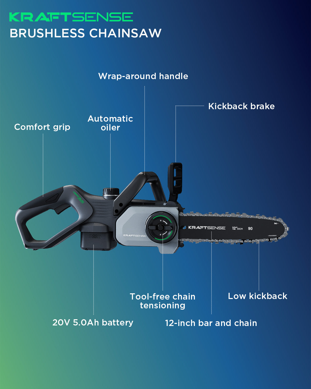 Kraftsense U20X Slim 20V Brushless Chainsaw | with 2.0Ah Battery Options