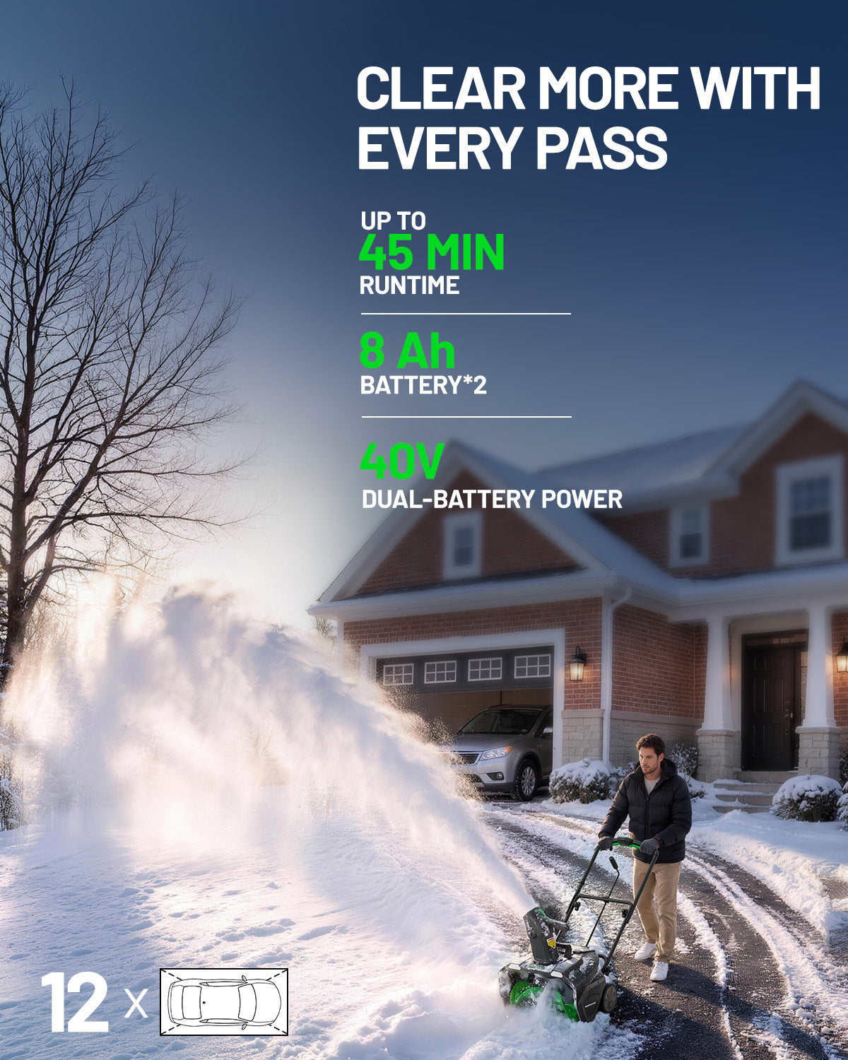 KraftSense 20-Inch Single-Stage Snow Blower, Dual-Battery Kit with 2 x 8.0Ah Batteries and Charger
