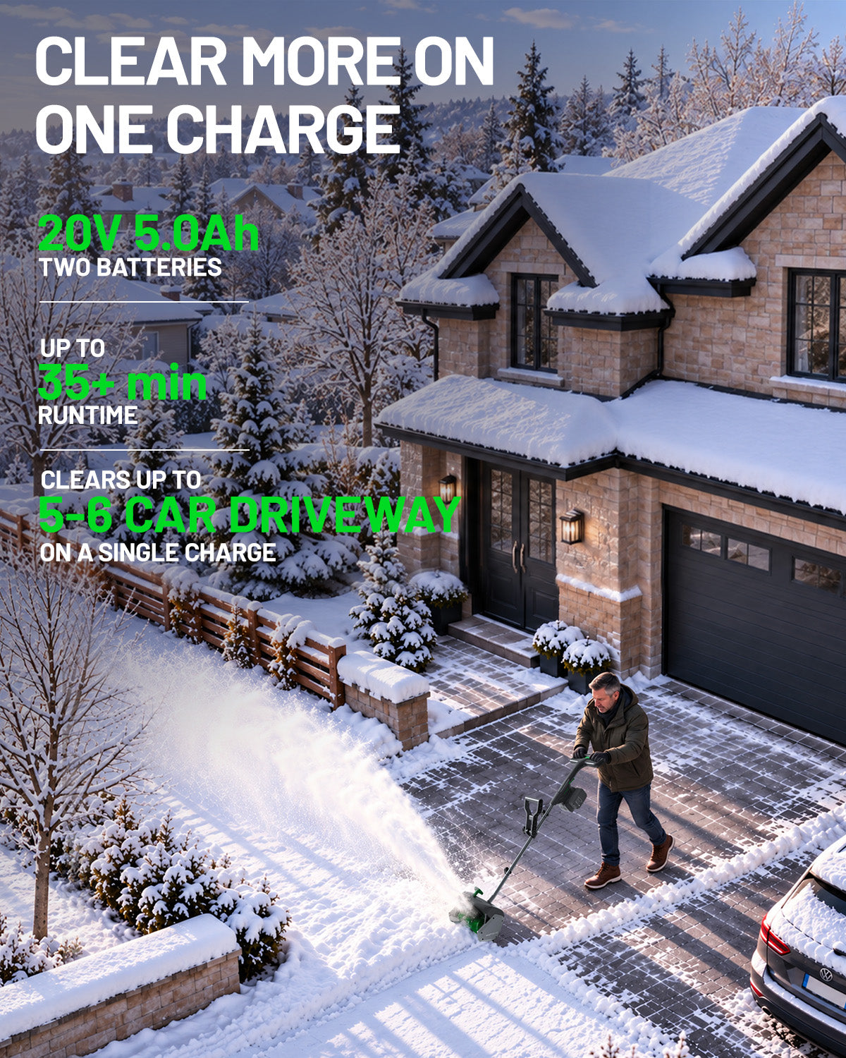 KraftSense 13" Brushless Snow Shovel Dual-Battery Kit with 2 x 5.0Ah Batteries and Charger