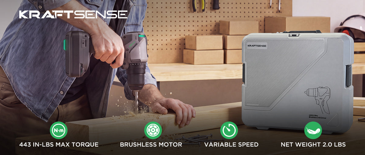 Kraftsense U20X Slim 20V Cordless 1/2" Drill, 50 N·m Torque, Brushless Motor, 2.0Ah Battery.