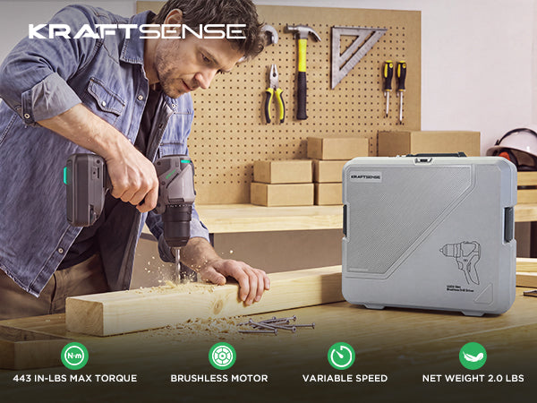 Kraftsense U20X Slim 20V Cordless 1/2" Drill, 50 N·m Torque, Brushless Motor, 2.0Ah Battery.