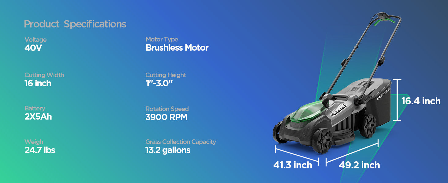 Kraftsense U20X Slim 40V Brushless Cordless Lawn Mower 16