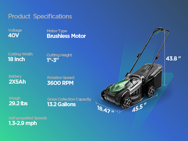 Kraftsense U20X Slim 40V Brushless Cordless Lawn Mower 18" with 2 x 5.0Ah Batteries