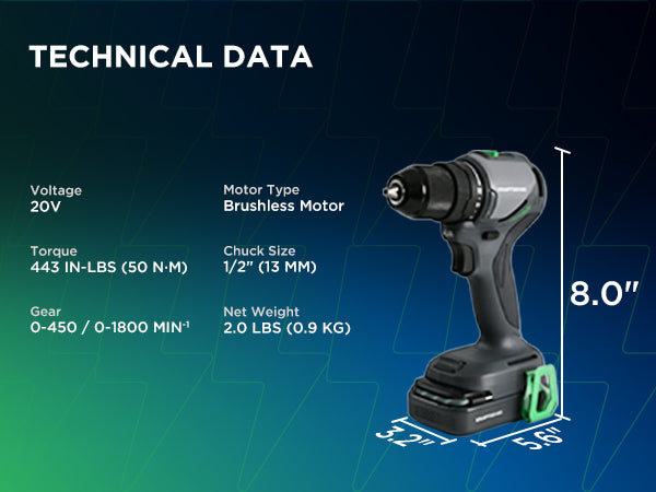Kraftsense U20X Slim 20V Cordless 1/2" Drill, 50 N·m Torque, Brushless Motor, 2.0Ah Battery.