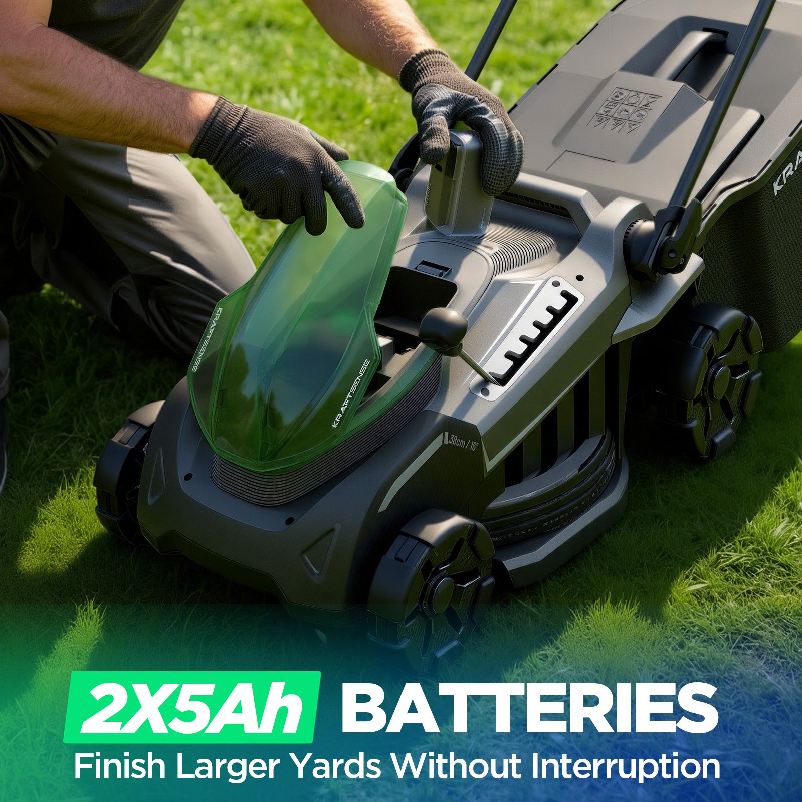 Kraftsense U20X Slim 40V Brushless Cordless Lawn Mower 16" with 2 x 5.0Ah Batteries