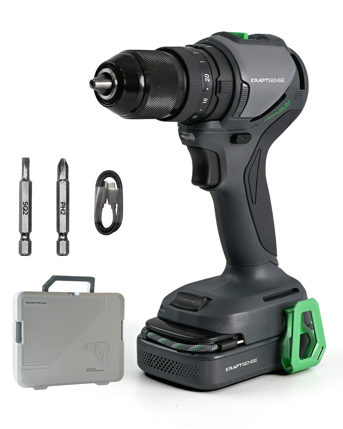 KraftSense U20X Brushless Hammer Drill KIT, 1/2 in Keyless Chuck, 20-Position Torque, with 2.0Ah Battery