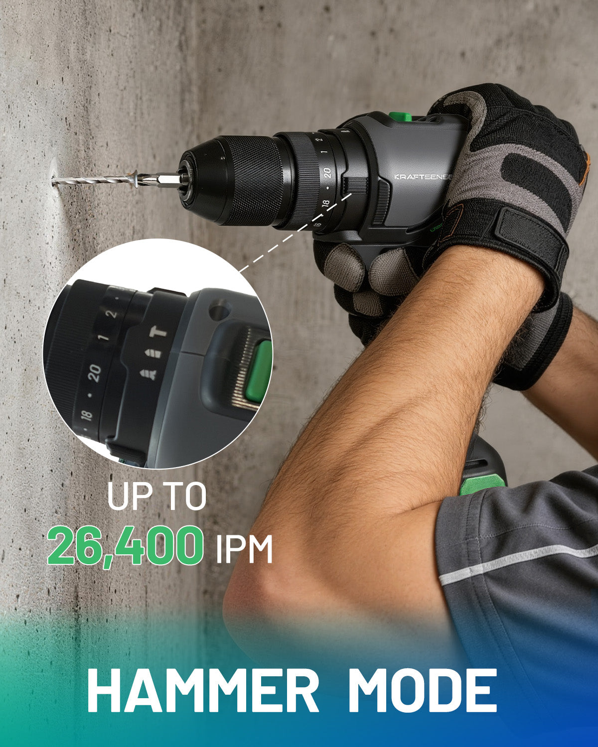 KraftSense U20X Brushless Hammer Drill, 1/2 in Keyless Chuck, 20-Position Torque, with 2.0Ah Battery
