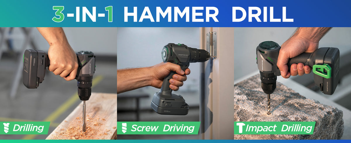 KraftSense U20X Brushless Hammer Drill, 1/2 in Keyless Chuck, 20-Position Torque, with 2.0Ah Battery