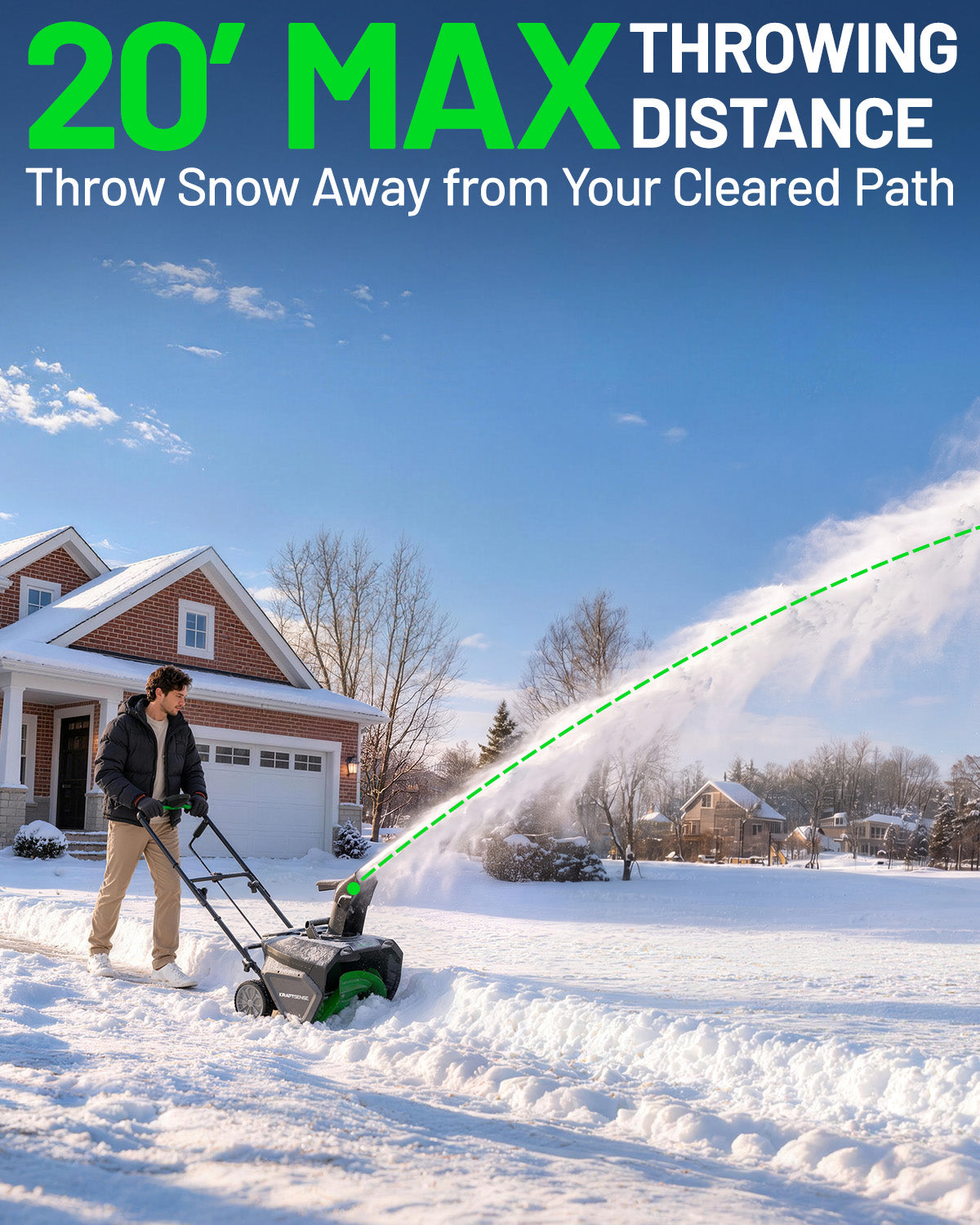 KraftSense 20-Inch Single-Stage Snow Blower, Dual-Battery Kit with 2 x 8.0Ah Batteries and Charger
