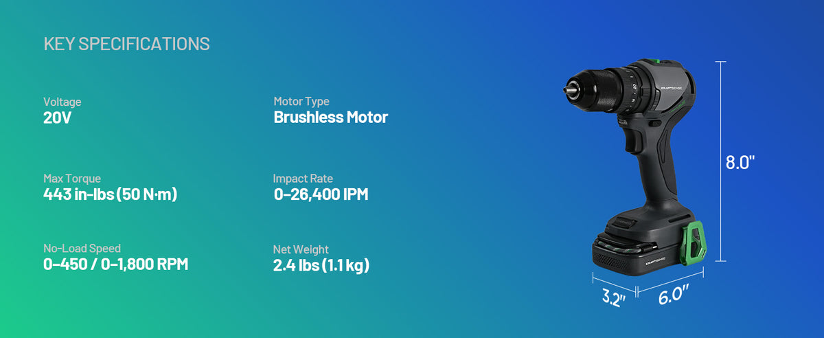 KraftSense U20X Brushless Hammer Drill, 1/2 in Keyless Chuck, 20-Position Torque, with 2.0Ah Battery
