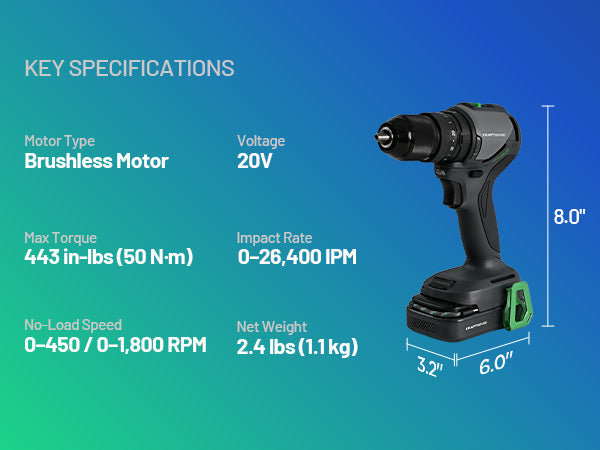 KraftSense U20X Brushless Hammer Drill KIT, 1/2 in Keyless Chuck, 20-Position Torque, with 2.0Ah Battery