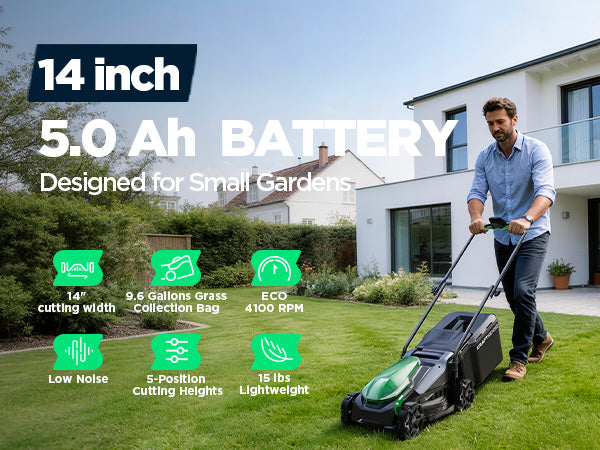 Kraftsense U20X Slim 20V Brushless Cordless Lawn Mower 14" with  5.0Ah Battery