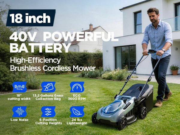 KraftSense U40X 40V Brushless Cordless Lawn Mower 18" with 4.0Ah Battery and Charger