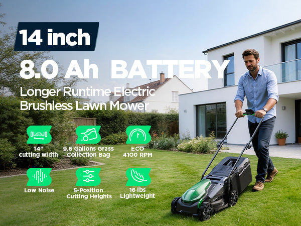 Kraftsense U20X Slim 20V Brushless Cordless Lawn Mower 14" with Long-Run 8.0Ah Battery