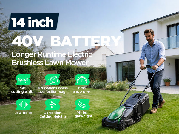 Kraftsense U20X Slim 40V Brushless Cordless Lawn Mower 14" with 2 x 5.0Ah Batteries