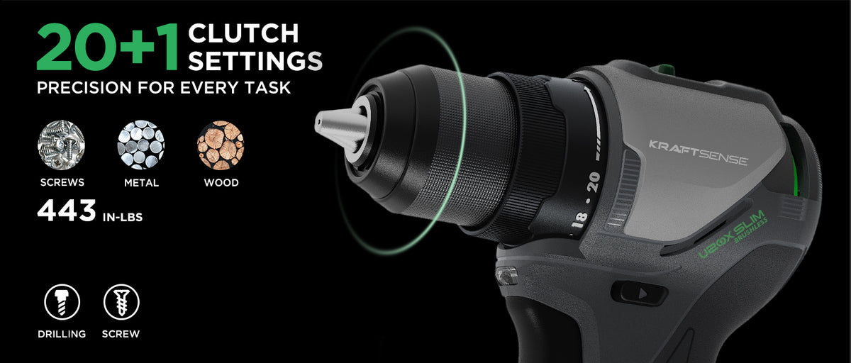 Kraftsense U20X Slim 20V Cordless 1/2" Drill, 50 N·m Torque, Brushless Motor, 2.0Ah Battery.