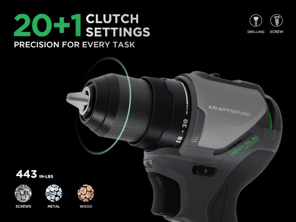 Kraftsense U20X Slim 20V Cordless 1/2" Drill, 50 N·m Torque, Brushless Motor, 2.0Ah Battery.