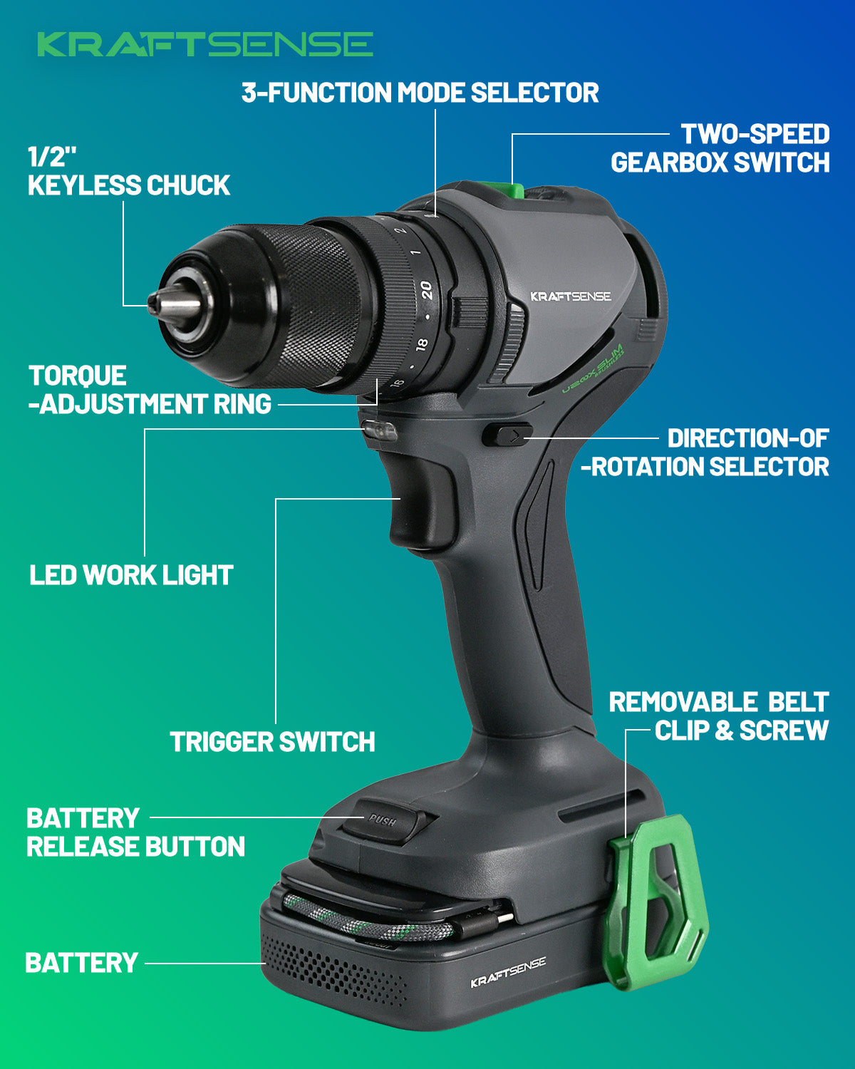 KraftSense U20X Brushless Hammer Drill, 1/2 in Keyless Chuck, 20-Position Torque, with 2.0Ah Battery